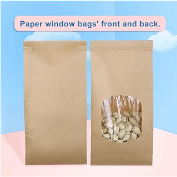100pcs Bakery Bags with Window, Tin Tie Tab Paper Bags- Brown - Picture 3 of 5